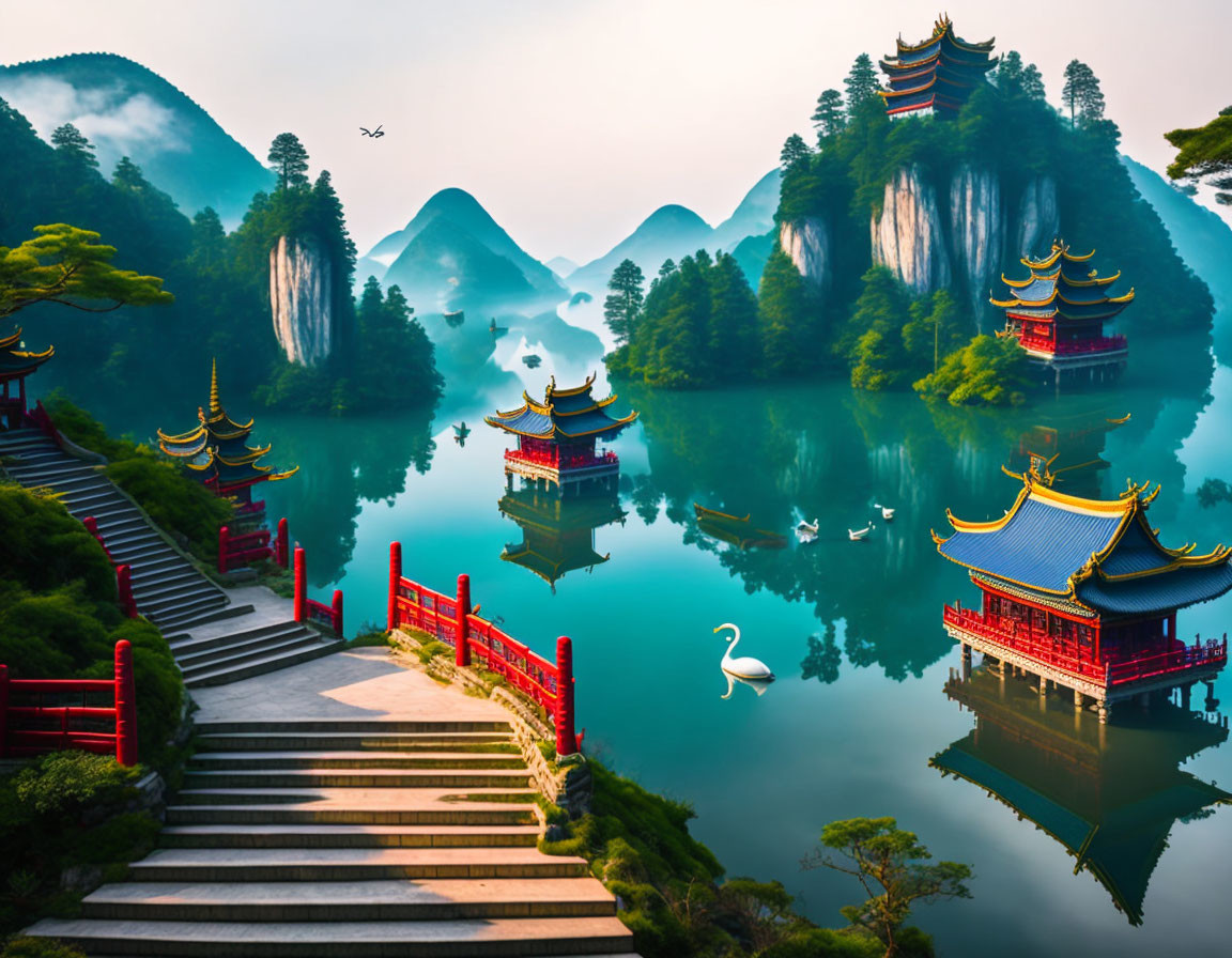 Traditional Chinese architecture reflected in calm lake with misty mountains, swan, and birds.