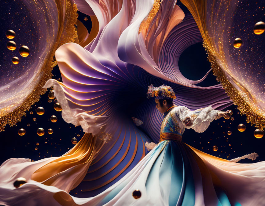 Colorful Flowing Costume with Abstract Shapes and Golden Orbs on Dark Background