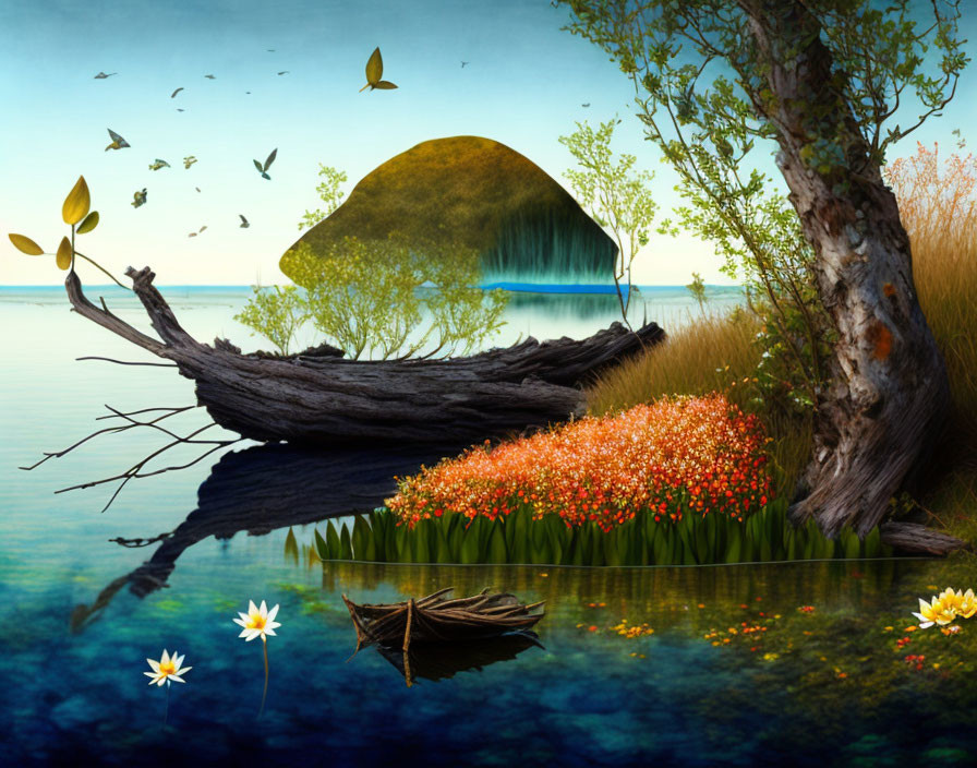 Surreal landscape: floating rock island, overturned boat, vibrant flowers, tranquil lake, butterflies,