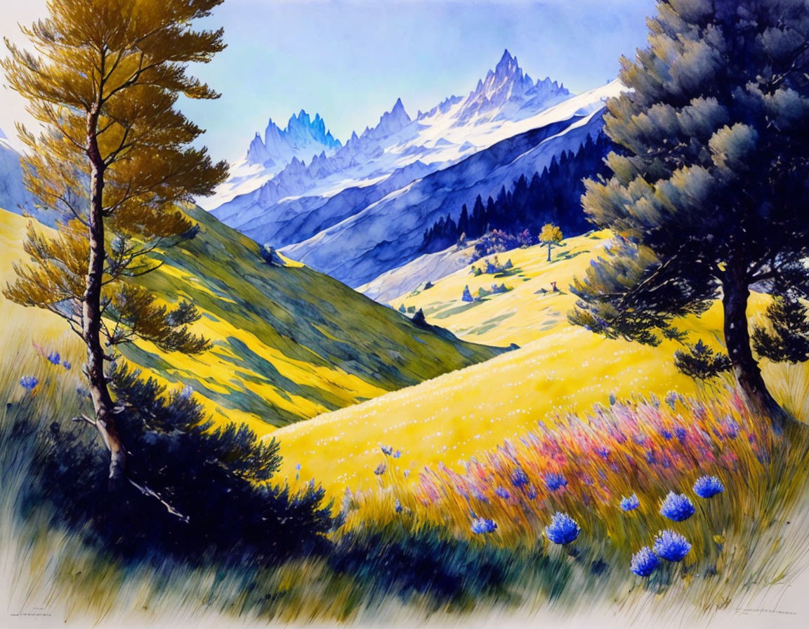 Sunlit meadows with wildflowers, evergreens, and snow-capped mountains.