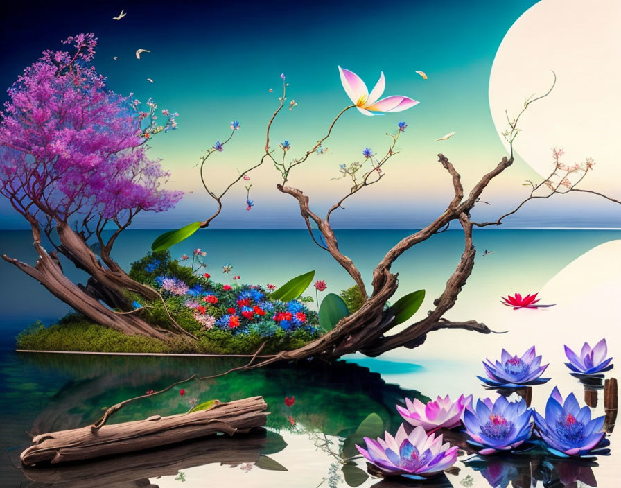 Colorful Lotus Flowers and Moon in Serene Lake Artwork