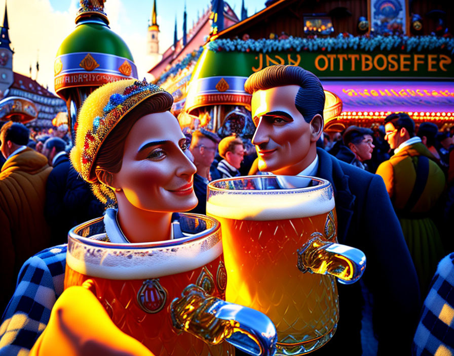 Stylized characters with beer mugs at vibrant festival