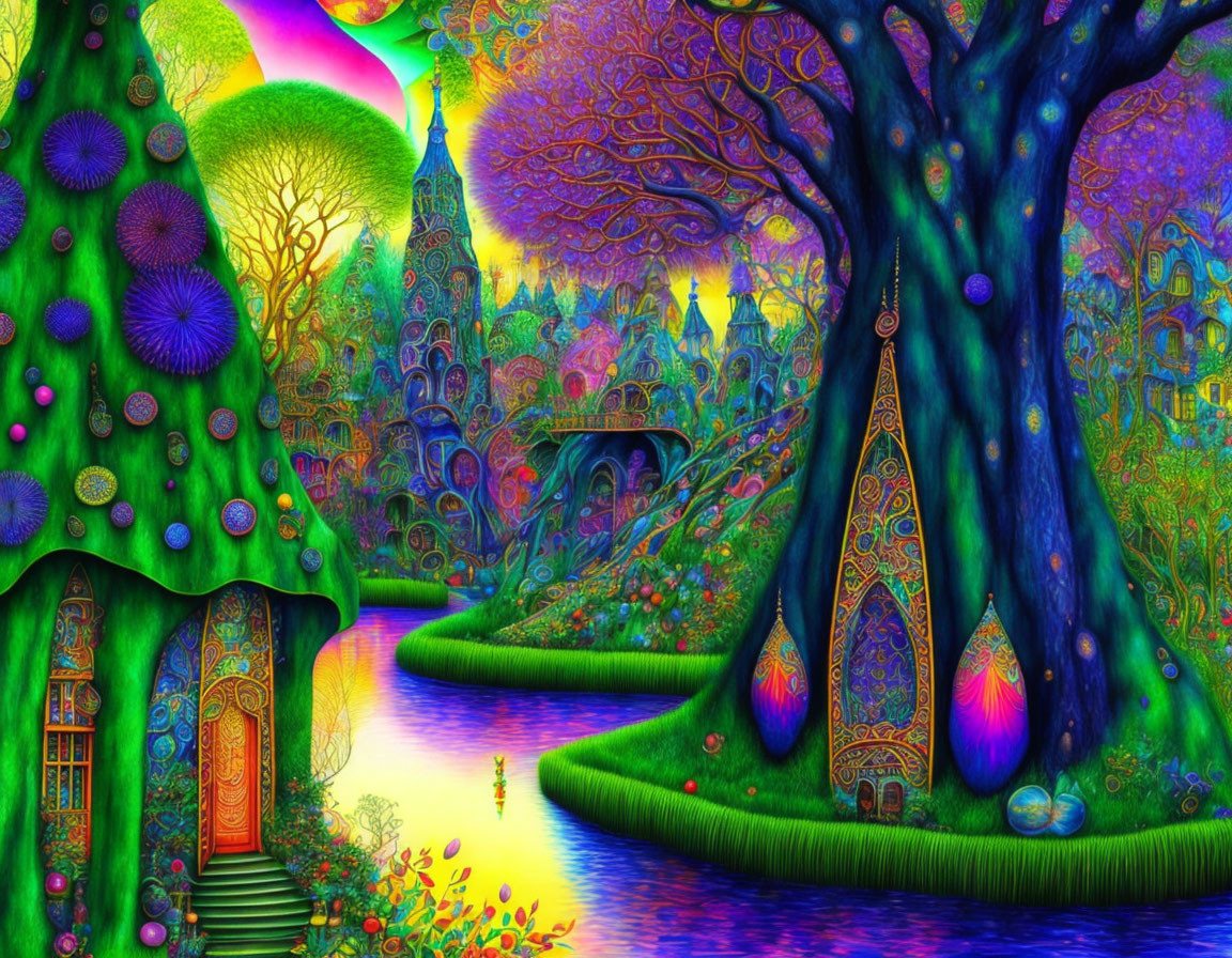 Colorful Whimsical Landscape with Neon Colors and Fantastical Elements