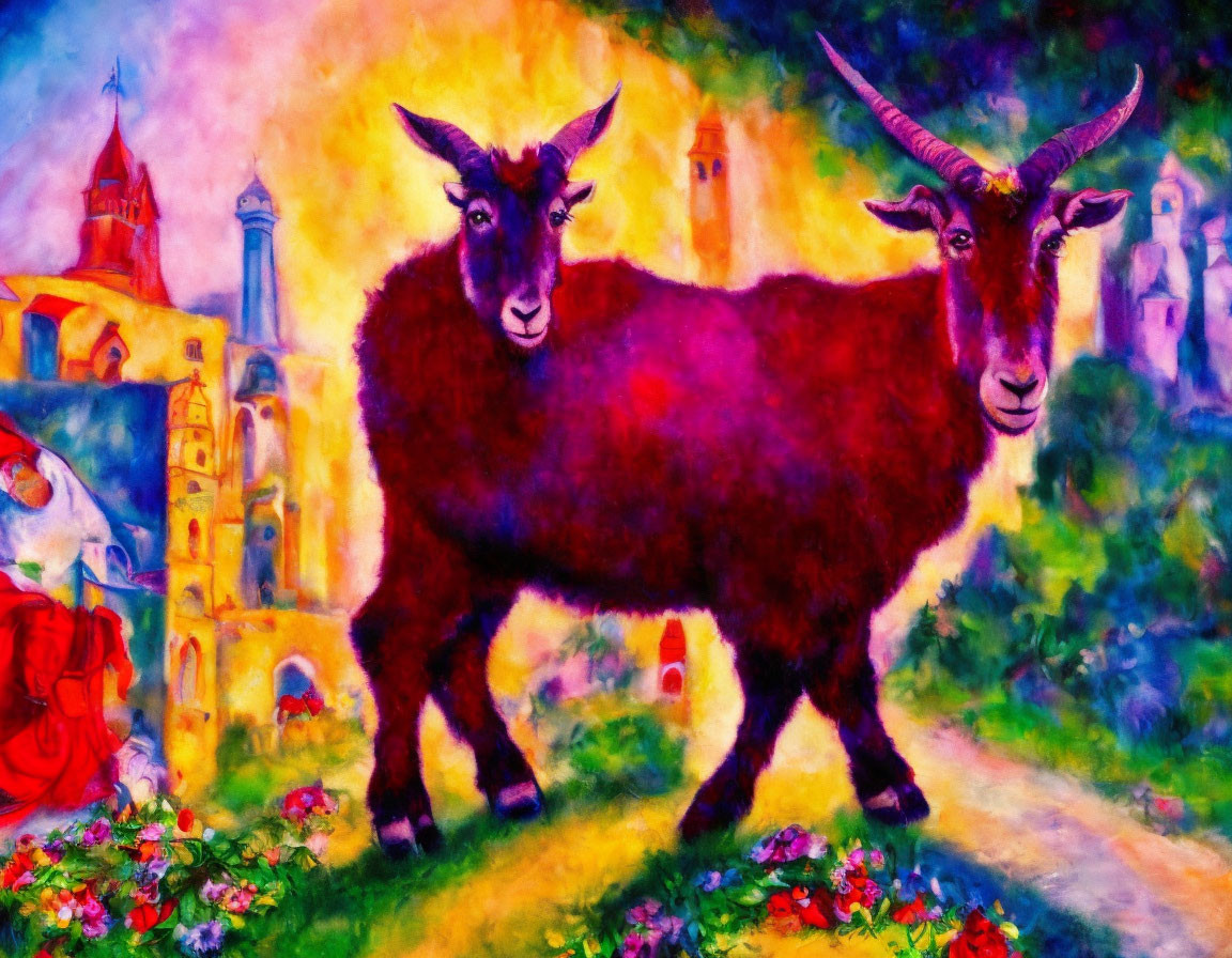 Colorful painting of two goats in front of fantasy castle - vibrant colors and dreamy atmosphere