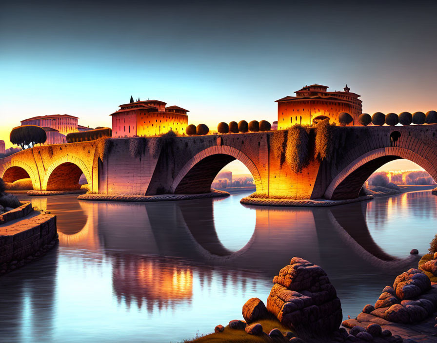 Ancient fortified bridge with arches reflecting on calm water at dusk