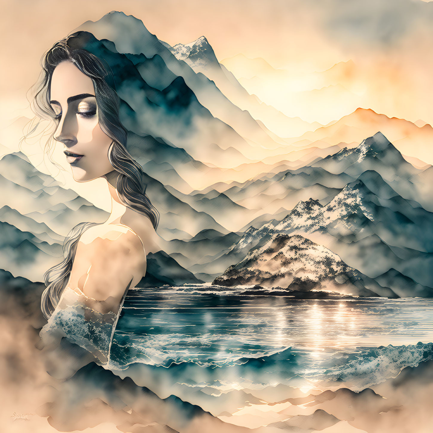 Surreal artwork: Woman's profile merges with serene landscape