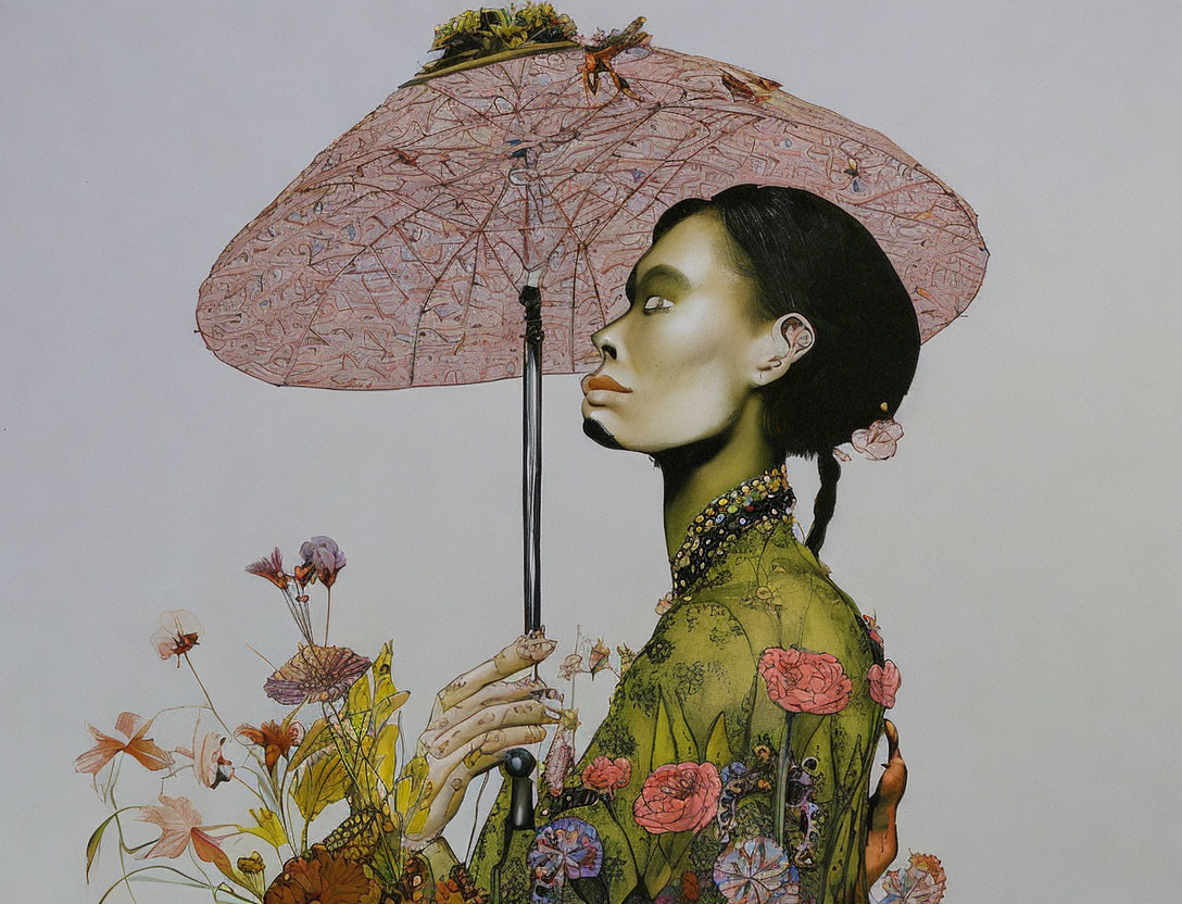 Profile of woman in floral dress with lace parasol, intricate makeup, and sleek hairstyle