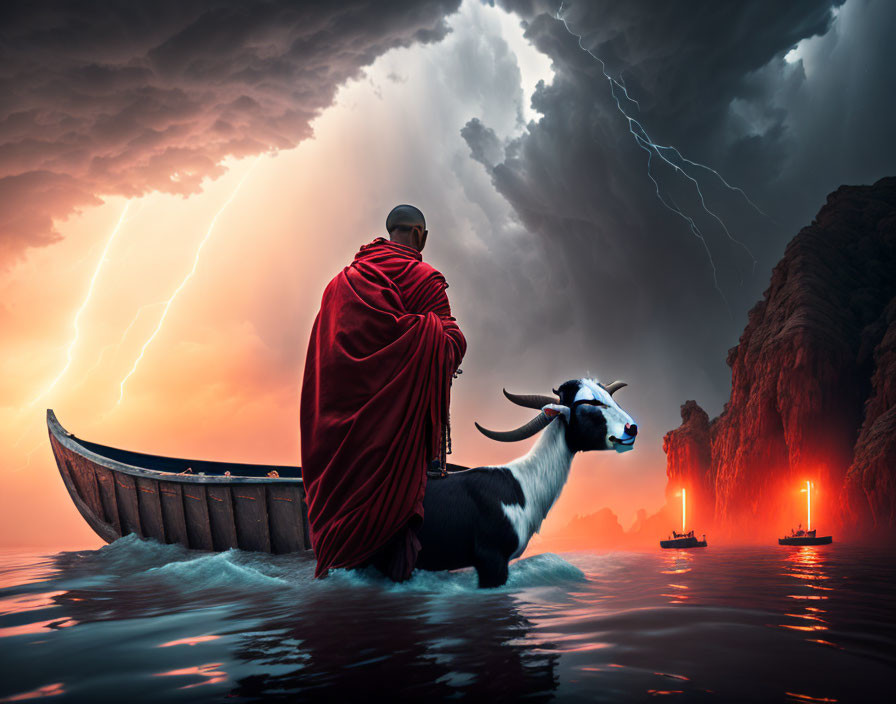 Monk in red robe with goat in boat in dramatic seascape