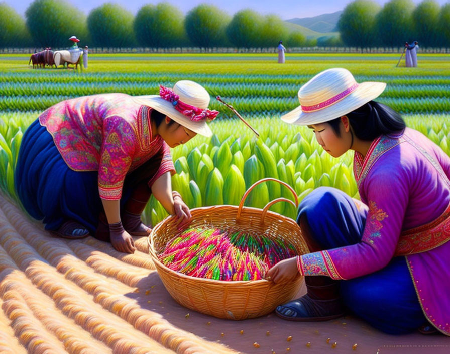 Two women harvesting crops in traditional attire with buffalo in background