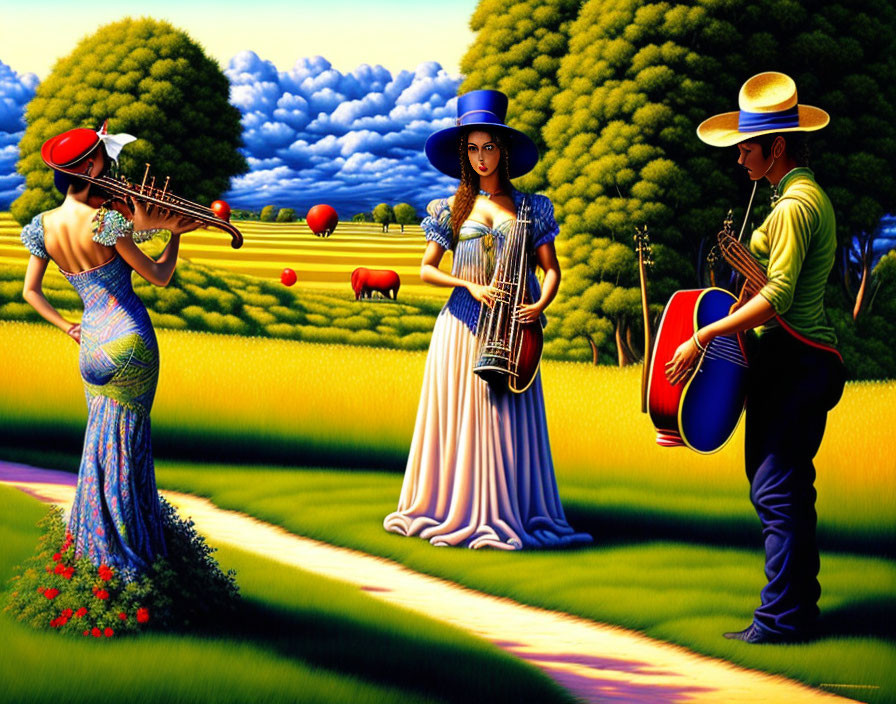 Musicians with trumpet and guitar serenade woman in surreal countryside