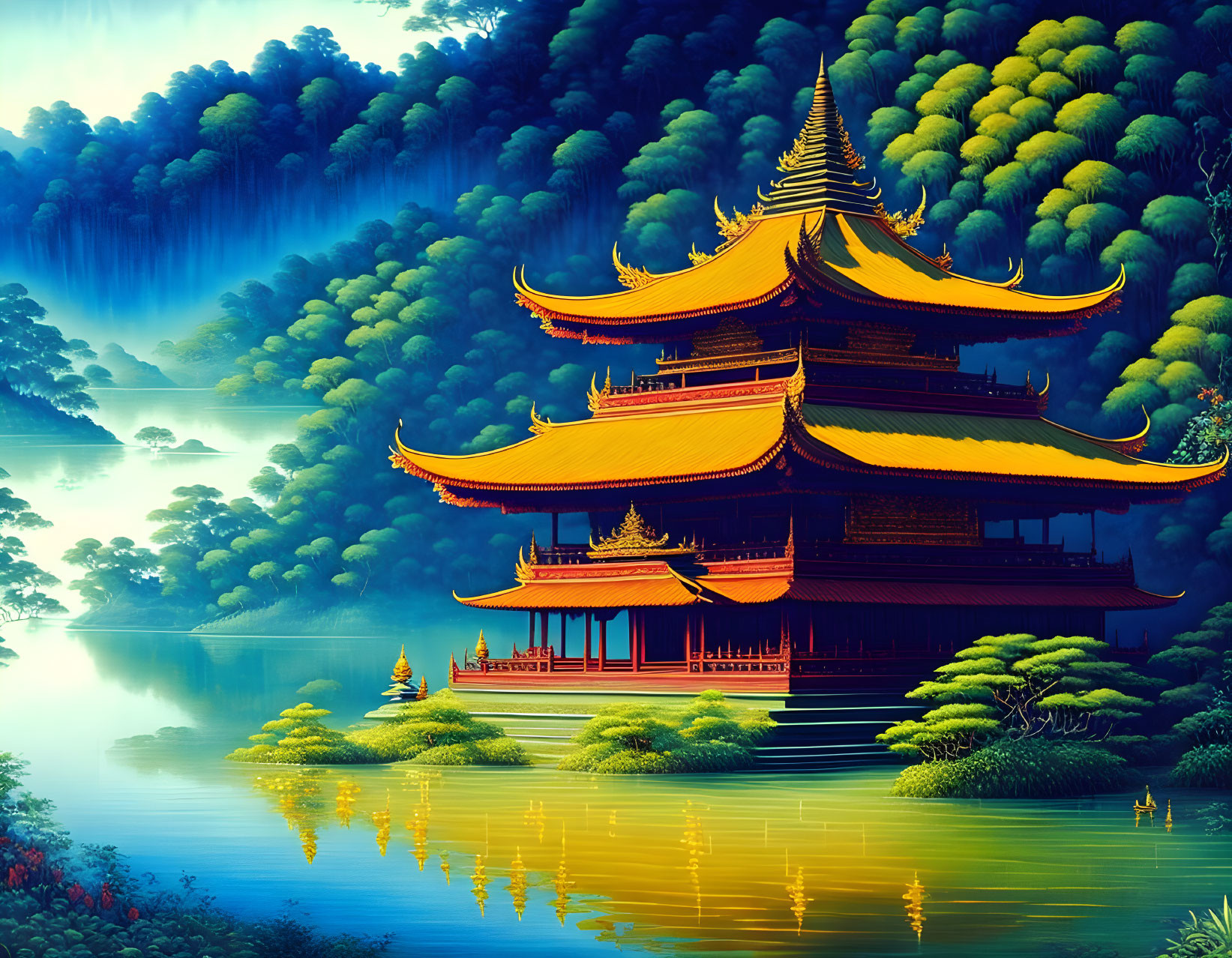 Traditional multi-tiered pagoda by calm lake, lush green forests, misty blue hills.