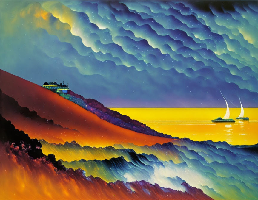 Scenic landscape with gradient sky, textured clouds, hill house, sailboats on sea horizon