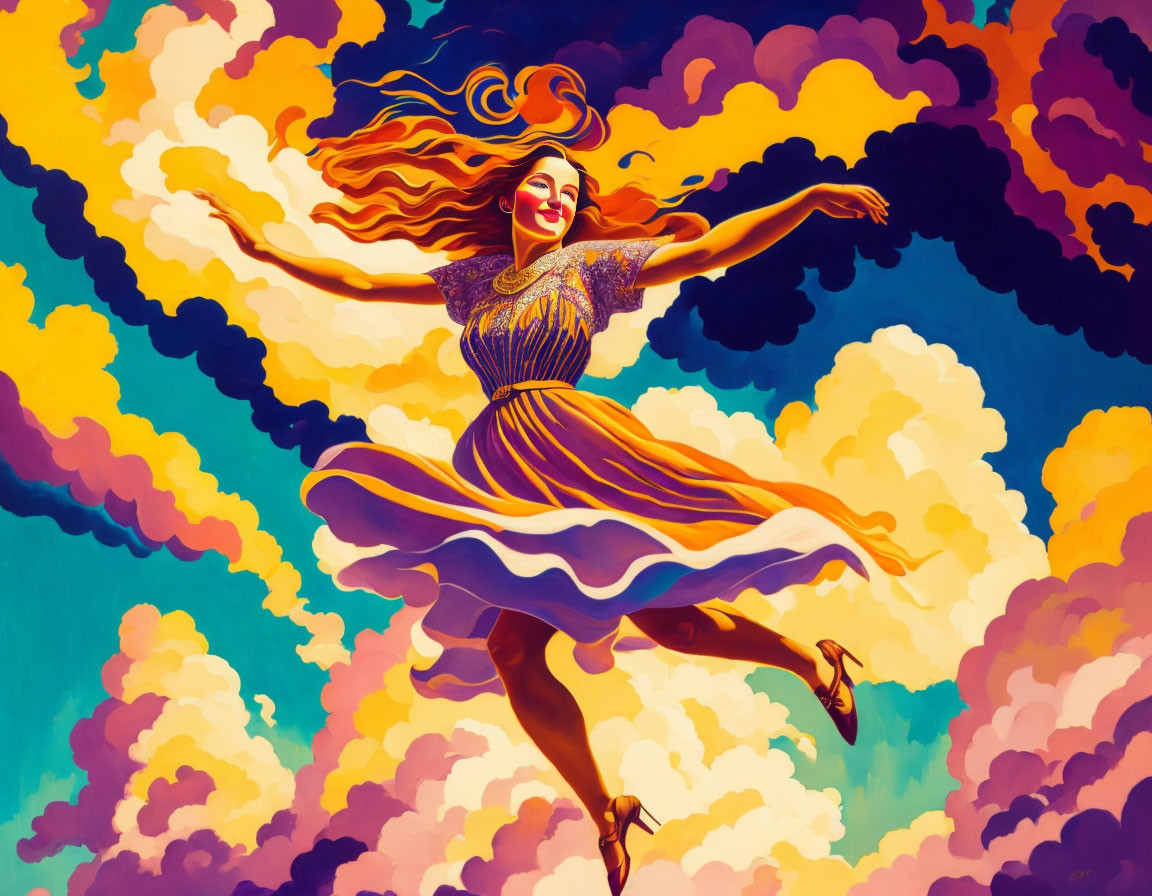 Colorful illustration: Joyful woman dancing in the air among whimsical clouds