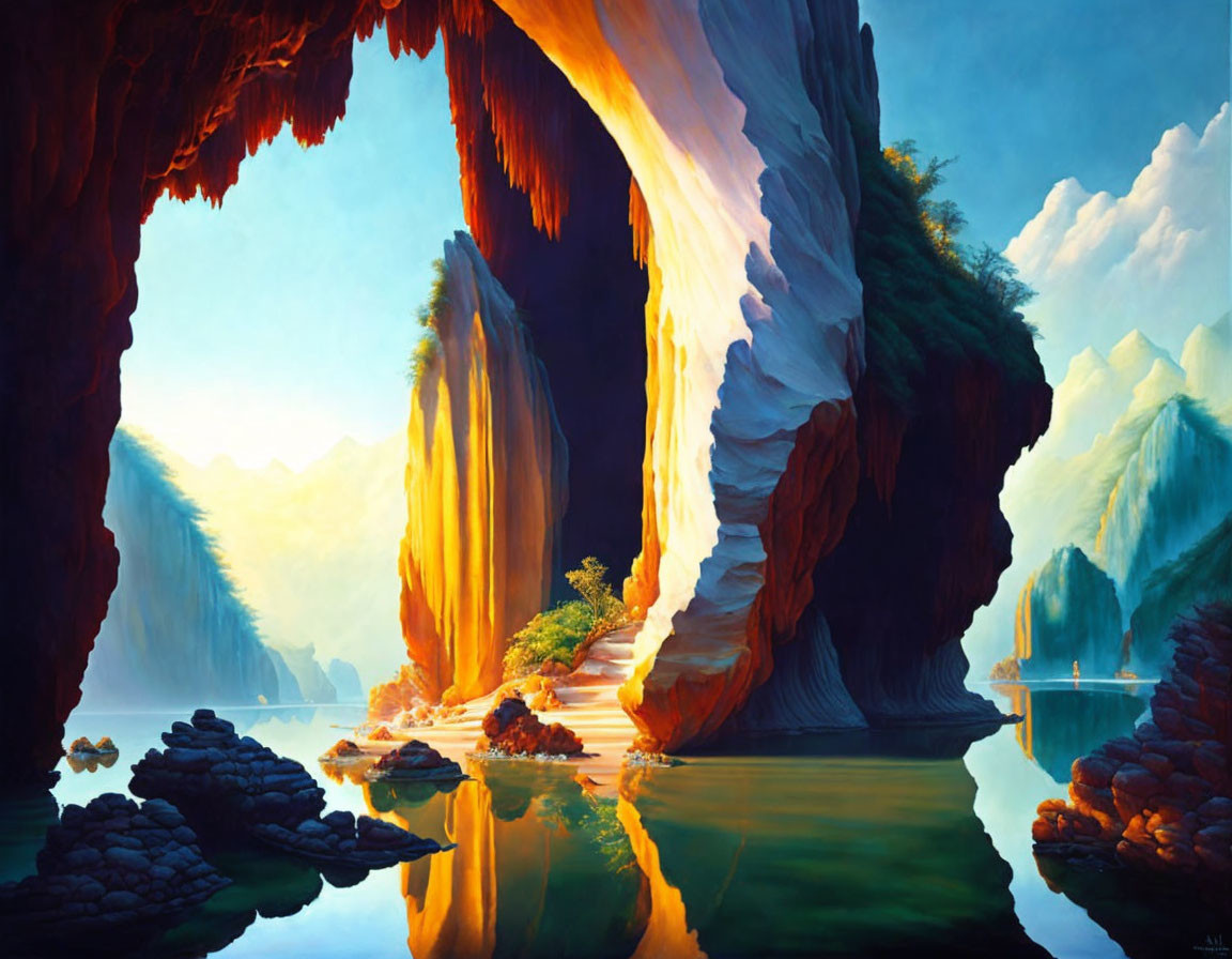 Tranquil lake scene in sunlit cave with lush trees and cliffs