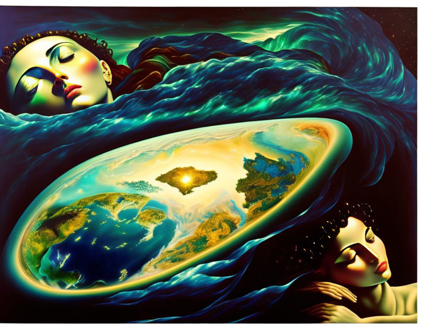 Surreal artwork featuring serene faces in space with flowing blue fabric