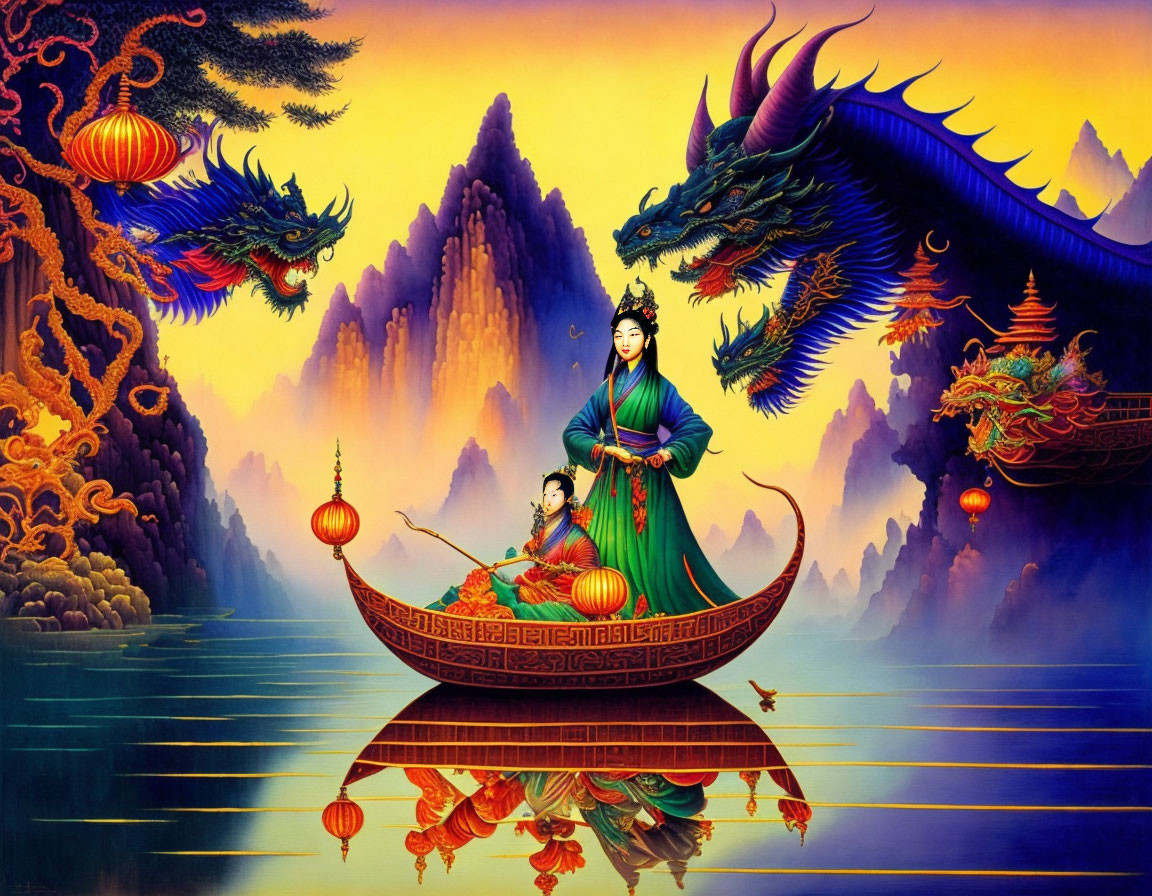 Colorful artwork of woman, child, and dragon in mystical landscape