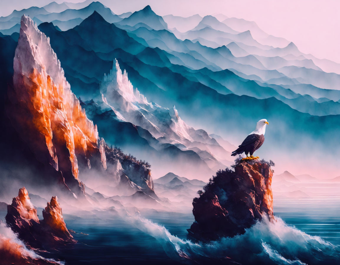 Eagle perched on crag in misty mountain sunrise