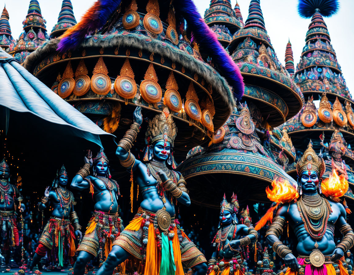 Colorful cultural festival featuring performers in ornate blue and black costumes with large headdresses and flames,