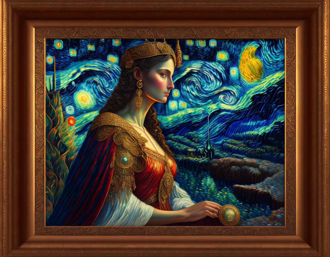 Medieval woman in regal attire against starry backdrop in ornate frame