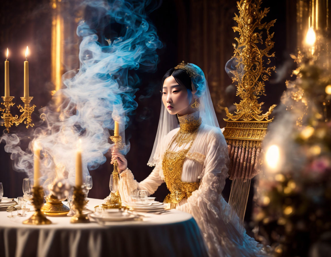 Woman in white and gold dress at baroque table with candles and candelabra