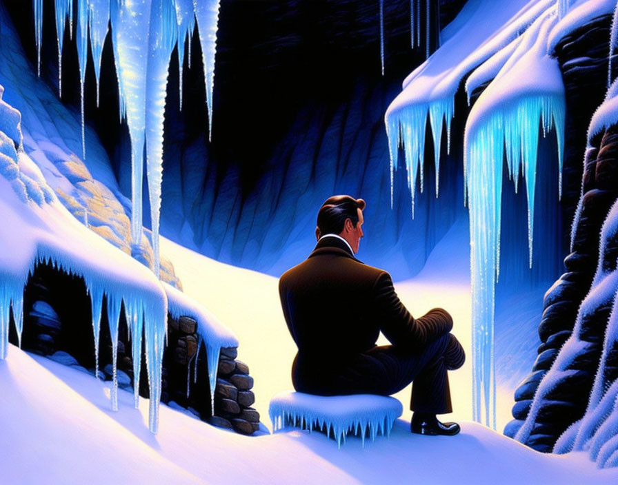 Man in suit sitting on ice block in vibrant blue ice cave with sharp icicles.