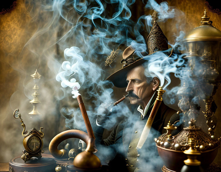 Sophisticated gentleman in steampunk attire with mustache and pipe among antiquities.