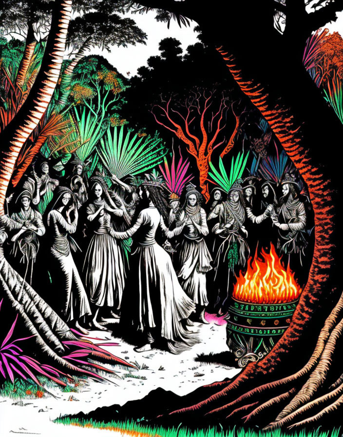 Colorful robed figures dancing around fire in tropical forest.