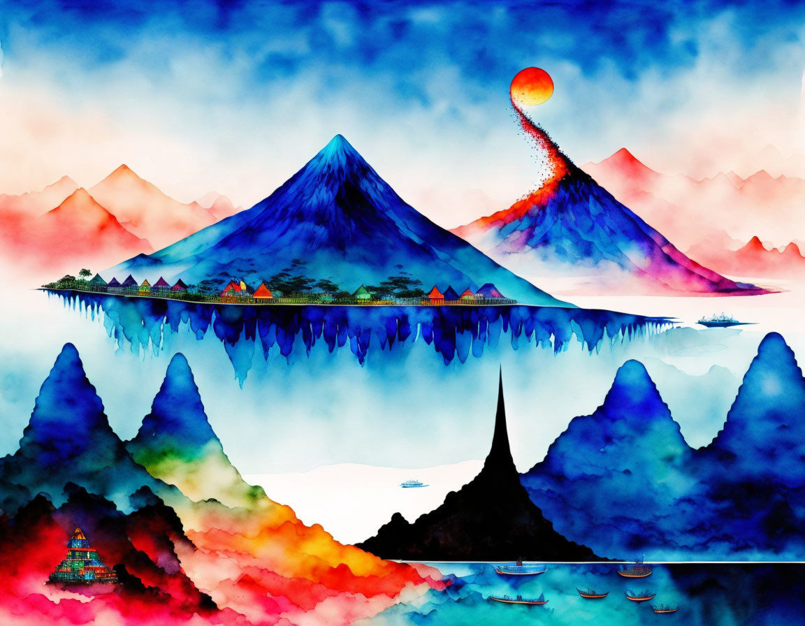 Colorful watercolor landscape: mountains, volcanic eruption, reflections, mist, boats