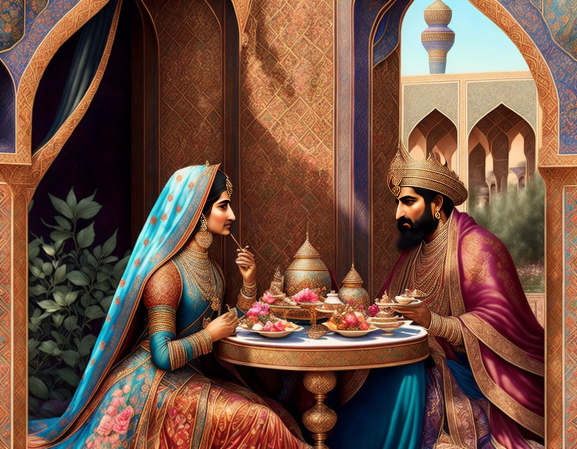 Regal couple in traditional attire having intimate conversation in palace setting