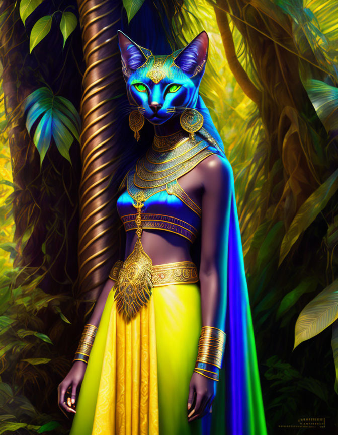 Cat-headed humanoid in Egyptian attire amidst lush jungle