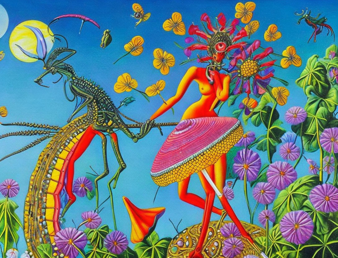 Colorful Surrealist Painting: Human-like Figure with Floral Head Riding Praying Mantis