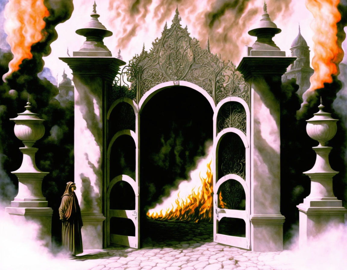 Cloaked figure at ornate gate in courtyard with fire and traditional buildings.