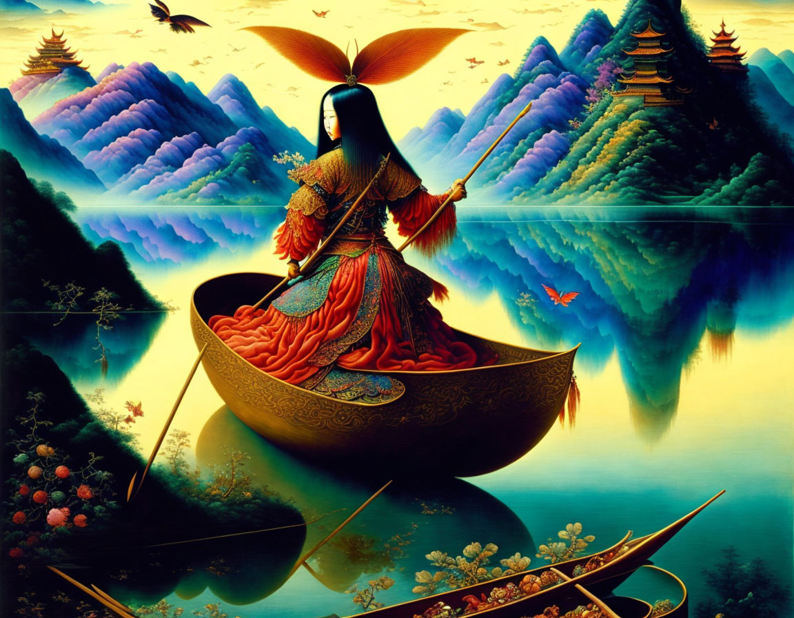 Traditional Dress Woman Painting on Boat with Mountains