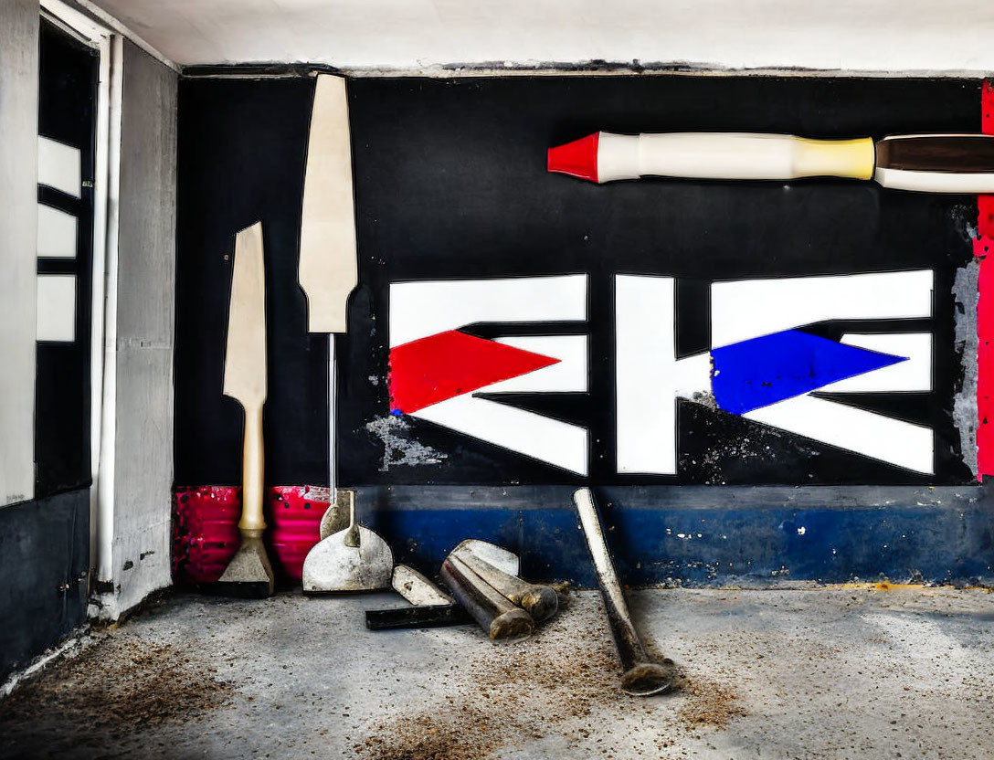 Colorful abstract graffiti wall with tools and boots on floor