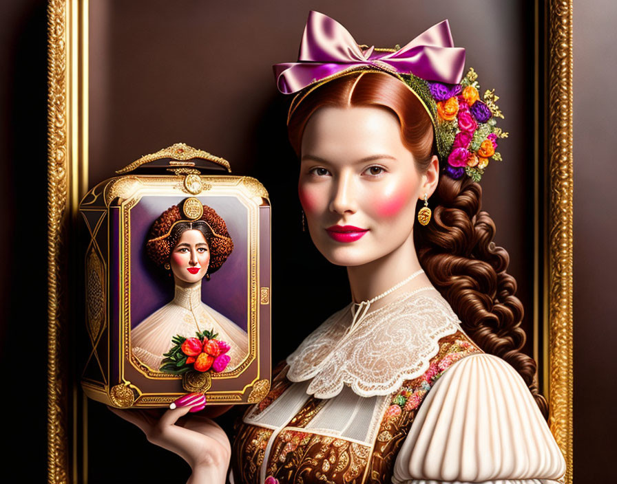 Stylized portrait of woman in vintage attire with ornate framed picture