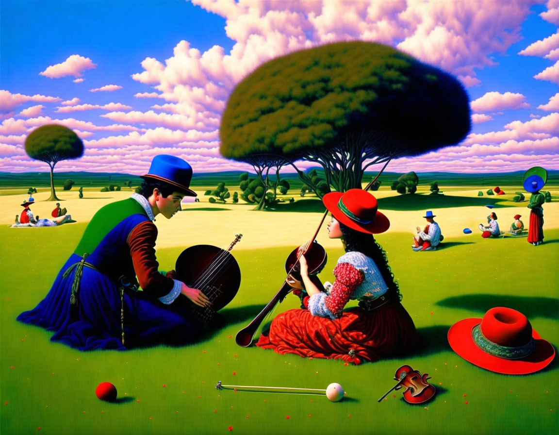 Surrealist painting of figures playing instruments in colorful landscape