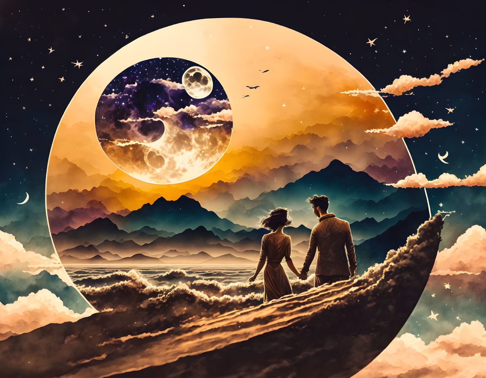 Couple holding hands on hill with surreal colorful backdrop