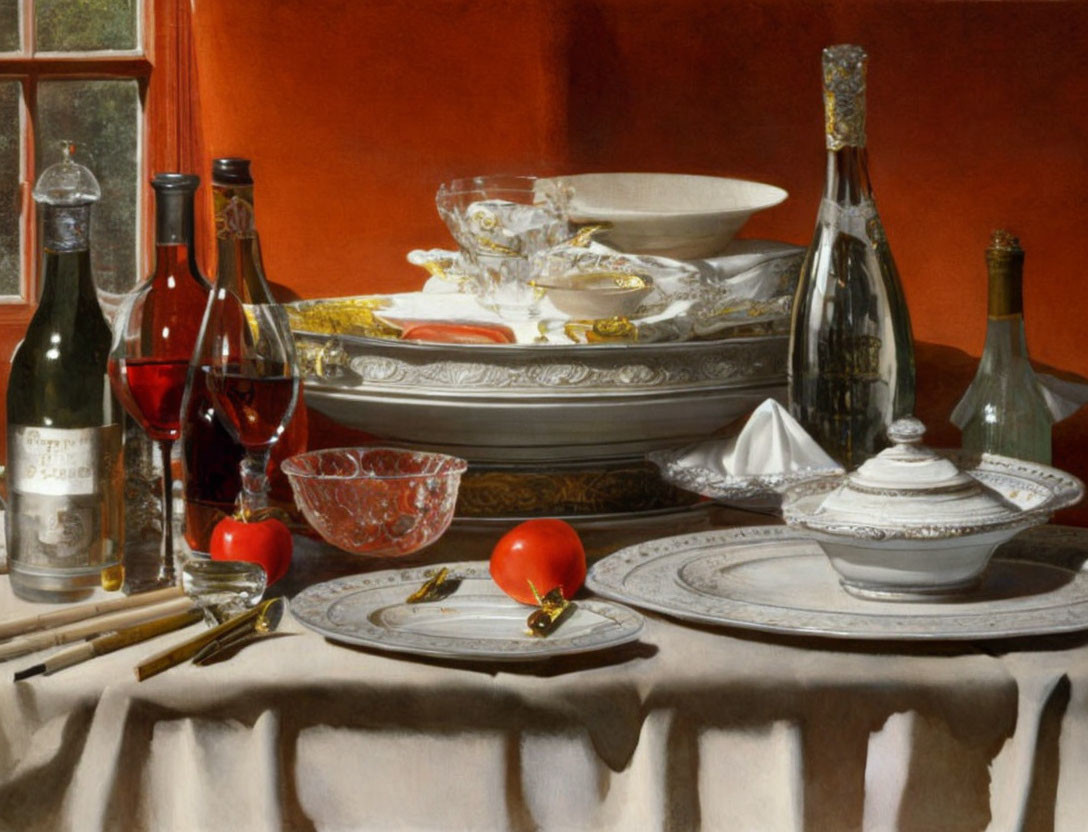 Classic Still Life Painting of Dining Table Set with Fine China & Wine