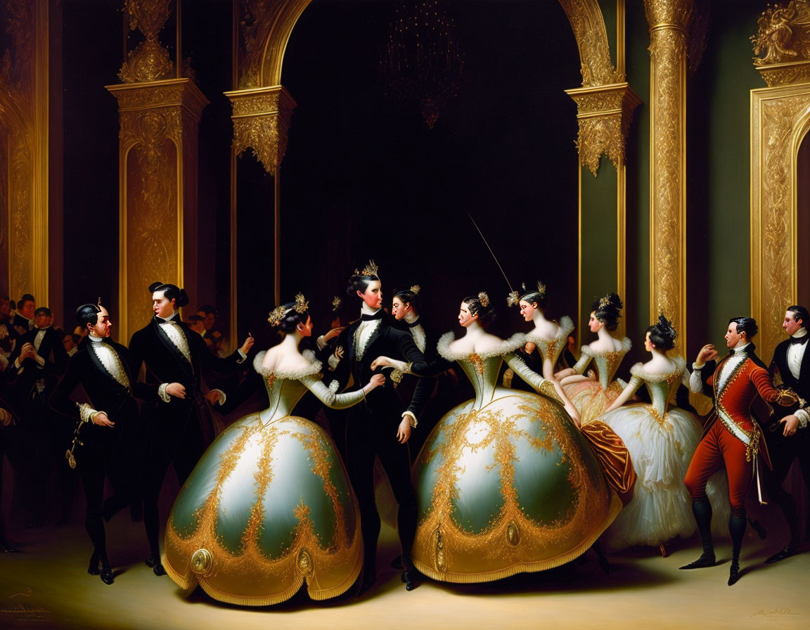 19th-Century Ballroom Scene: Couples Dancing in Formal Attire