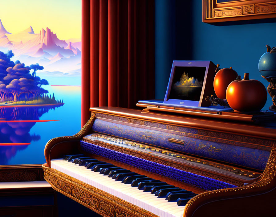 Ornate piano with laptop overlooking tranquil lake & blue-lit landscape