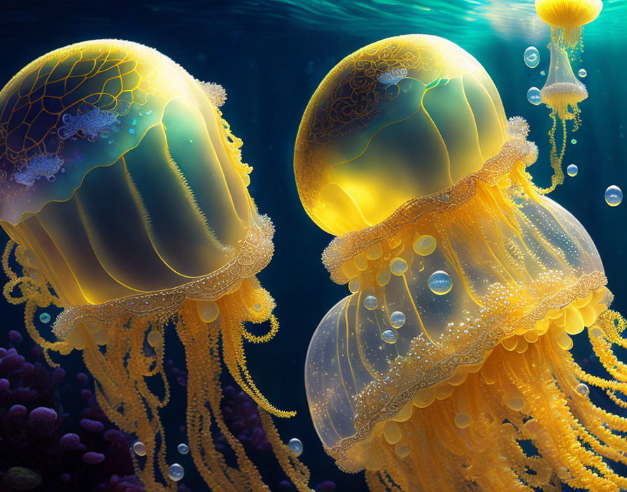 Luminous Yellow Jellyfish Floating Underwater