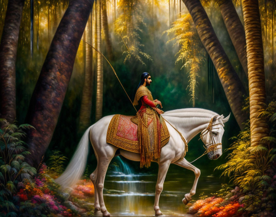 Regal Figure on White Horse in Mystical Forest