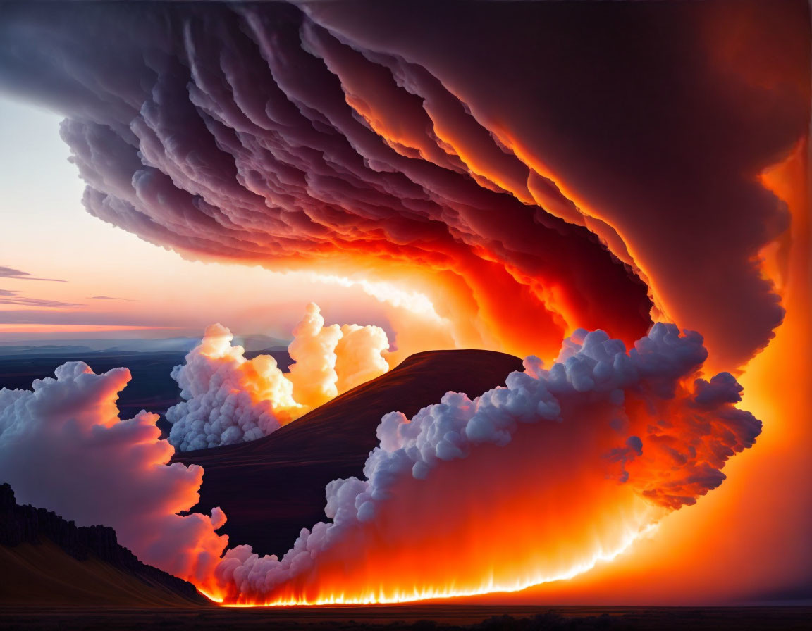 Vibrant red and orange sunset cloud formation over dark landscape