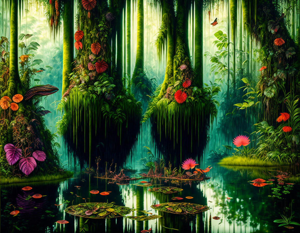 Colorful Jungle Scene with Flowers, Butterflies, and Water Reflections