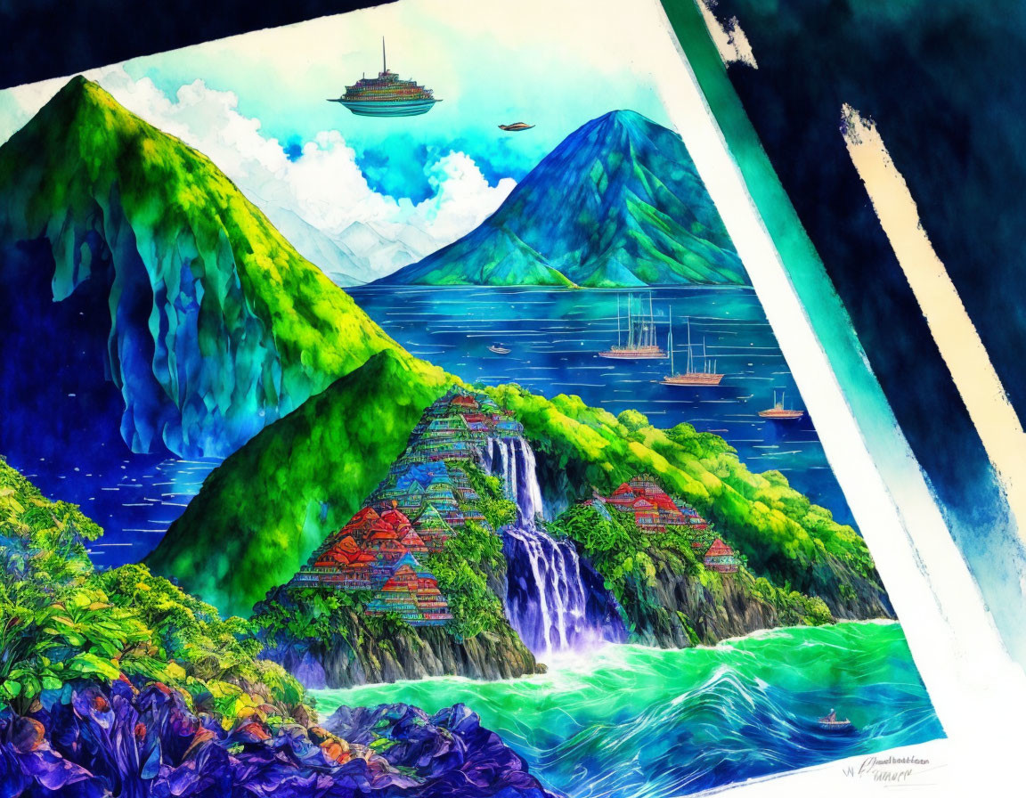 Colorful coastal landscape with waterfalls, sailing ships, and futuristic flying craft above emerald mountains and