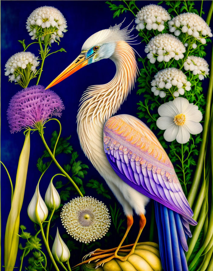 Colorful Heron Illustration Among White Flowers on Blue Background