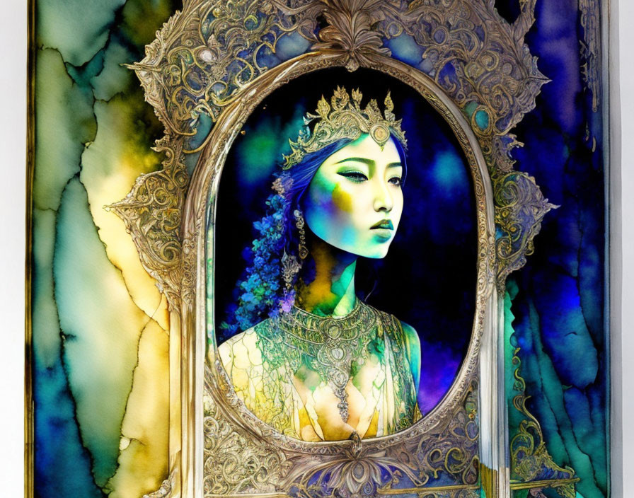 Vibrant image of woman with elaborate headgear in ornate mirror