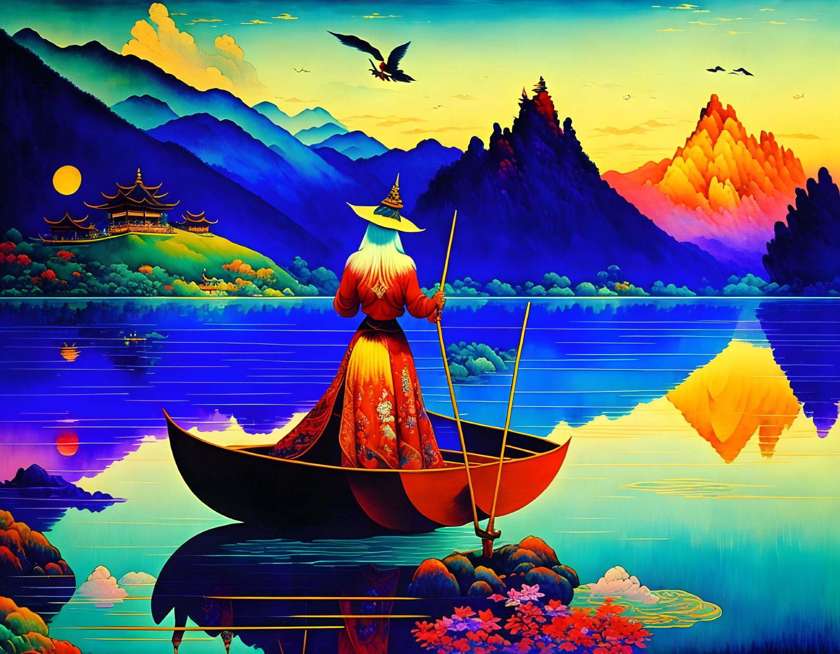 Colorful illustration: person in traditional attire on boat with sunset landscape.