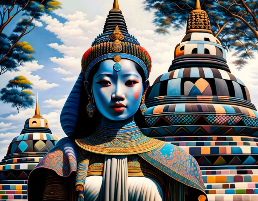 Blue-skinned woman with traditional adornments in front of patterned stupas.