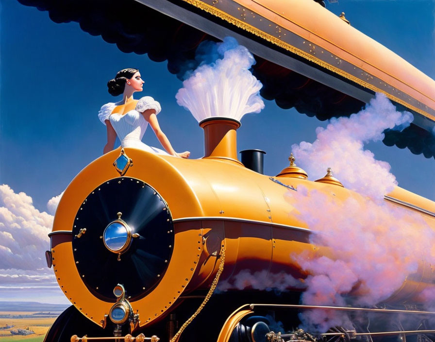 Woman in White Dress on Colorful Steam Locomotive in Countryside